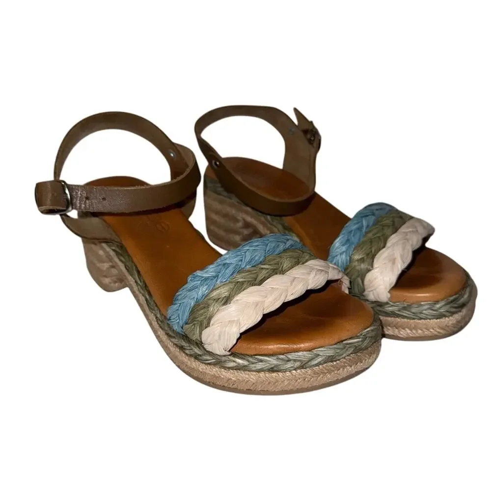 NWOT LIBERITAE ankle strap woven block heel boho vacation resort espadrilles 37